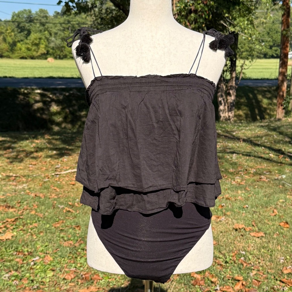 Free People Intimately Black Ruffle Tiered Tassel Bodysuit Small OB691505 Boho